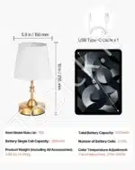 Stalinis LED šviestuvas su auksiniu audiniu gaubtu, 1 vnt., belaidis, įkraunamas - Image 3