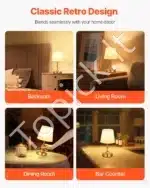 Stalinis LED šviestuvas su auksiniu audiniu gaubtu, 1 vnt., belaidis, įkraunamas - Image 4