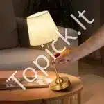 Stalinis LED šviestuvas su auksiniu audiniu gaubtu, belaidis, įkraunamas - Image 2