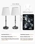 Stalinis LED šviestuvas su juodu audiniu gaubtu, 2 vnt., belaidis, įkraunamas - Image 3