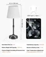 Stalinis LED šviestuvas su juodu audiniu gaubtu, belaidis, įkraunamas - Image 3