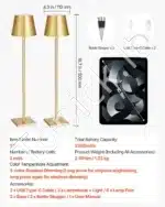 Stalinis LED šviestuvas su nuimamu gaubtu, 2 vnt., belaidis, aukso spalvos - Image 3