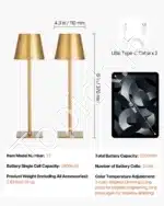 Stalinis LED šviestuvas su nuimamu gaubtu, 2 vnt., belaidis, aukso spalvos - Image 3