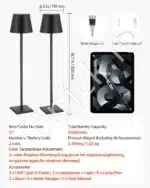 Stalinis LED šviestuvas su nuimamu gaubtu, 2 vnt., juodas, belaidis, įkraunamas - Image 3