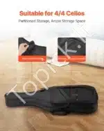 Violončelės dėklas, 4/4 dydis, atsparus vandeniui, nailonas, juodas, 1220x490x150 mm - Image 3