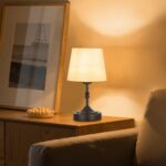 Stalinis LED šviestuvas su juodu audiniu gaubtu, 1 vnt., belaidis, įkraunamas