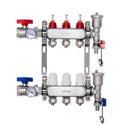 us2FDRFSQBXG3HLGIHXQRV02Fgoods_img-v12Fradiant-heat-manifold-m100-1.2.jpg Kompaktiškas 3 Kontūrų Kolektorius Grindiniam Šildymui | SUS304 Nerūdijantis Plienas | Reguliuojami Debitomačiai 5 L/min - Image 1