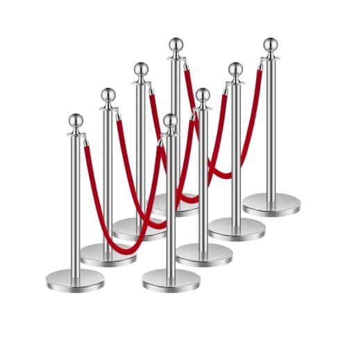 us2FQTGLZDSDYSHR7HYX2V02Fgoods_img-v12Fcrowd-control-stanchion-m100-1.2.jpg Sidabriniai atitvarų stulpeliai su raudonomis virvėmis, 8 vnt. / 1.5 m - Image 1