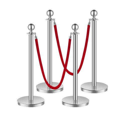 us2FQTGLZDSDYSHROLPEMV02Fgoods_img-v12Fcrowd-control-stanchion-m100-1.2.jpg Sidabriniai atitvarų stulpeliai su raudonomis virvėmis, 4 vnt. /1.5 m - Image 1