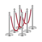 Sidabriniai atitvarų stulpeliai su raudonomis virvėmis, 6 vnt. / 1.5 m