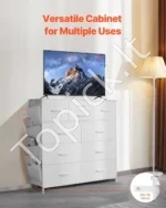 Aukšta Balta Komoda su 10 Audinio Stalčių, Plieninis Rėmas, 100 x 30 x 97,5 cm, Minimalistinis Dizainas - Image 6