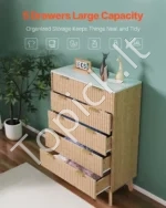 Aukšta Komoda su 5 Banguotais Stalčiais, Šviesaus Medžio, 75 cm x 40 cm x 122 cm, MDF Plokštė, Retro Stilius - Image 3