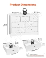 Balta Komoda su 7 Stalčiais, 4 Dideli ir 3 Maži, 120 x 40 x 81 cm, MDF ir Plokštė, Minimalistinis Stilius - Image 3