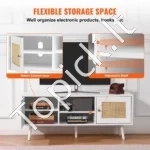 Boho TV Spintelė (120x40x49 cm), Balta su Rotango Durelėmis - Image 3