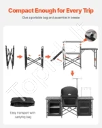 Didelė Nešiojama Kempingo Virtuvė 175×40×160 cm su 3 Spintelėmis ir Vėjo Skydeliu, Aliuminis/Plienas - Image 5