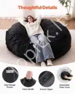 Didelis Apvalus Sėdmaišis Suaugusiems XXL Juodas, 182,9x50,8 cm, Medžiaga: Minkštas Velūras - Image 5