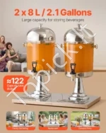 Dvigubas Nerūdijančio Plieno Gėrimų Dozatorius / Sulčių Talpykla 2x8 L su Kraneliais 558x348x560 mm, Sidabrinė - Image 2