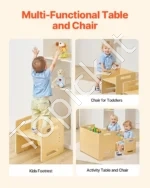 Erdvus Montessori Stalas ir 2 Kėdės, Aukštis Reguliuojamas 3 Lygiais, Natūrali Mediena, Žaidimams ir Mokymuisi, 66.5 x 36 x 52 cm - Image 6
