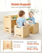 Erdvus Montessori Stalas ir 2 Kėdės, Aukštis Reguliuojamas 3 Lygiais, Natūrali Mediena, Žaidimams ir Mokymuisi, 66.5 x 36 x 52 cm - Image 2