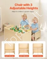 Erdvus Montessori Stalas ir 2 Kėdės, Aukštis Reguliuojamas 3 Lygiais, Natūrali Mediena, Žaidimams ir Mokymuisi, 66.5 x 36 x 52 cm - Image 5