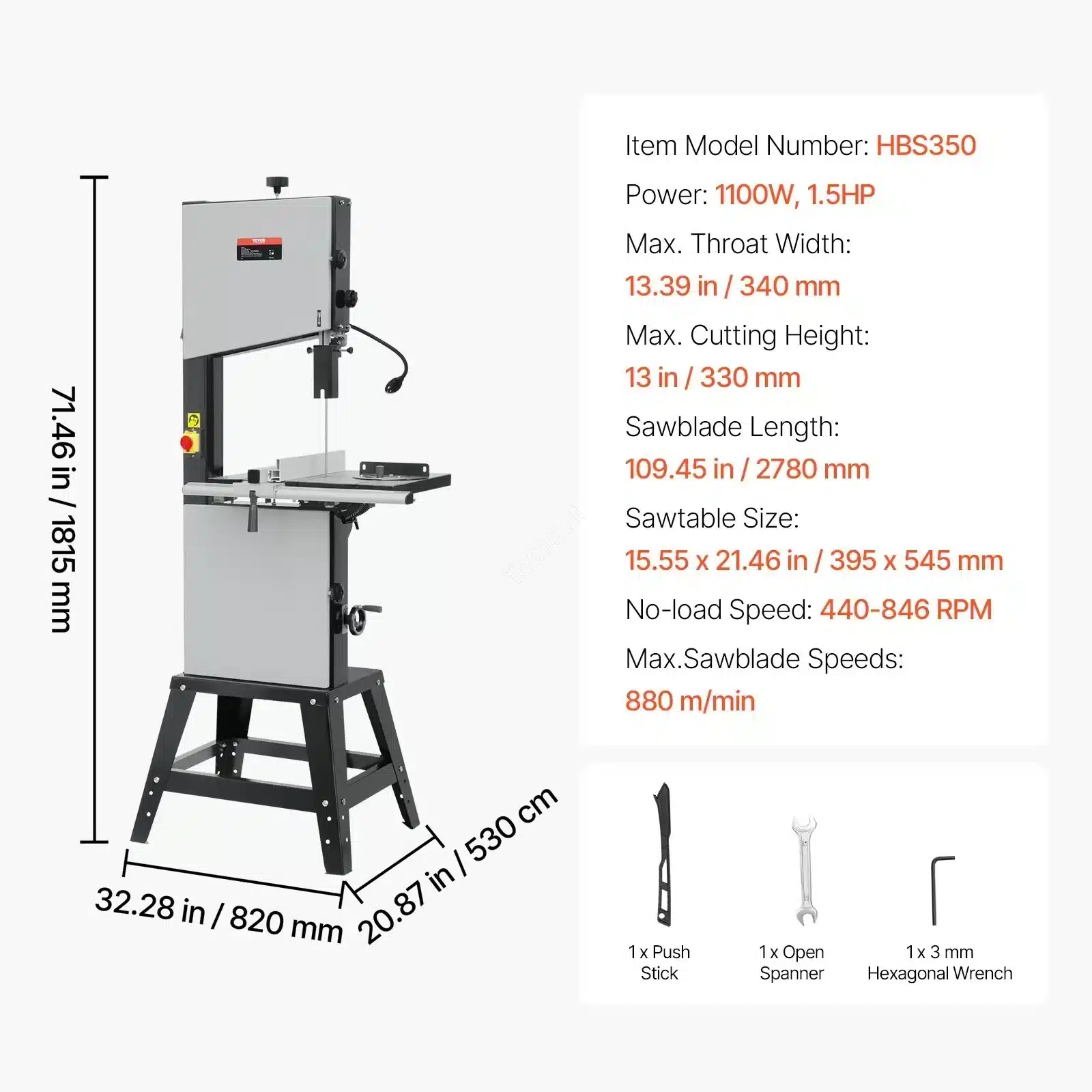 Galingas Juostinis Pjūklas 1100W, Pjovimo Aukštis 330mm, Stalas 395×545mm, Reguliuojamas Greitis, MedienaiMetalui topick (1) Galingas Juostinis Pjūklas 1100W, Pjovimo Aukštis 330mm, Stalas 395×545mm, Reguliuojamas Greitis, Medienai/Metalui - Image 7