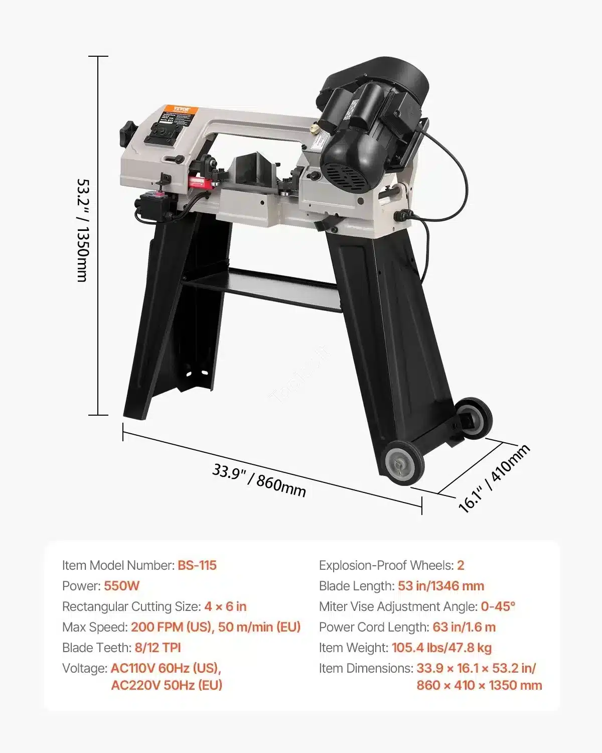 HorizontalusVertikalus Metalo Pjūklas 550W, Pjovimas 100×150mm, 3 Greičiai, 0−45∘ Kampas, Su Ratukais topick (2) Horizontalus/Vertikalus Metalo Pjūklas 550W, Pjovimas 100×150mm, 3 Greičiai, 0−45∘ Kampas, Su Ratukais - Image 7