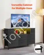 Juoda Komoda su 10 Audinio Stalčių, LED Apšvietimas, USB Įkrovimo Stotelė, 120 x 30 x 72 cm, Plieninis Rėmas - Image 6