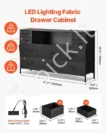 Juoda Komoda su 10 Audinio Stalčių, LED Apšvietimas, USB Įkrovimo Stotelė, 120 x 30 x 72 cm, Plieninis Rėmas - Image 2