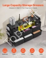 Juoda Komoda su 10 Audinio Stalčių, LED Apšvietimas, USB Įkrovimo Stotelė, 120 x 30 x 72 cm, Plieninis Rėmas - Image 3