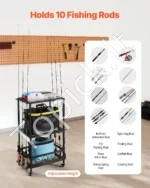 Meškerių Stovas su Ratukais 10 Vnt. Lazdoms, 55,5 cm x 33 cm x 86 cm, su Papildoma Lentyna - Image 3