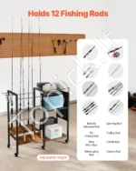 Meškerių Stovas su Ratukais 12 Vnt. Lazdoms, 94,8 cm x 30 cm x 83 cm, iš Plieno ir MDF - Image 3