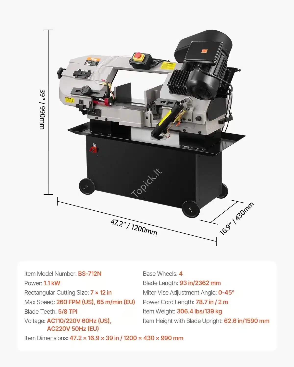 Metalo Juostinis Pjūklas 1,1kW, Pjovimas 170×300mm, 4 Greičiai, HorizontalusVertikalus, 0−45∘ Kampas topick (2) Metalo Juostinis Pjūklas 1,1kW, Pjovimas 170×300mm, 4 Greičiai, Horizontalus/Vertikalus, 0−45∘ Kampas - Image 7