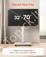Mobilus televizoriaus stovas ant ratukų su lentyna 32 70 colių reguliuojamo aukščio VESA 600x400 juodas plienas - Image 2