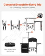 Nešiojama Kempingo Virtuvė 146×40×177 cm, Sulankstomas Stalas su Spintele ir Nuimamu Vėjo Skydeliu, Juoda Spalva - Image 5