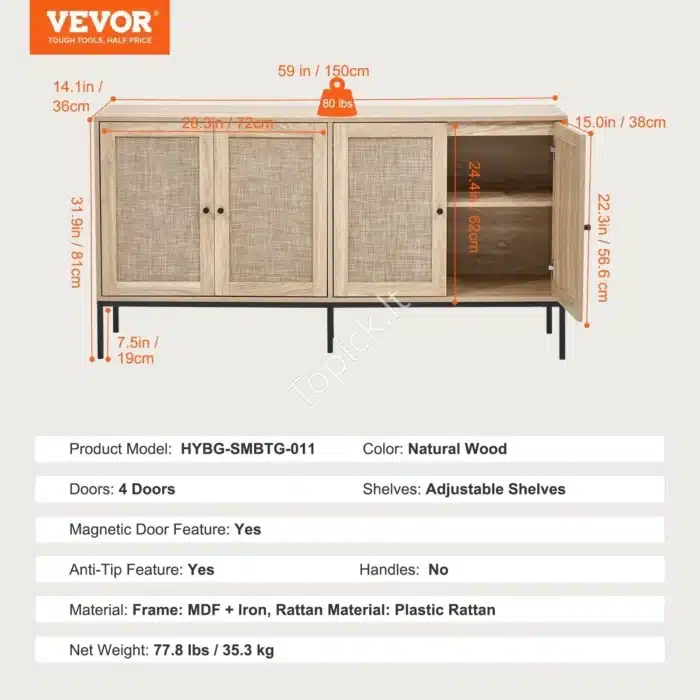 Pinta Rattan Komoda-Bufetas su 4 Magnetinėmis Durelėmis. Natūrali Spalva, 150 x 36 x 80 cm - Image 6