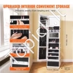 Prabangi Balta, 360° Sukama Veidrodinė Papuošalų Spintelė su LED Apšvietimu ir Stalčiumi - Image 3