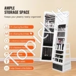 Prabangi Balta, 360° Sukama Veidrodinė Papuošalų Spintelė su LED Apšvietimu ir Stalčiumi - Image 4