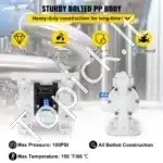 Pramoninė Dviguba Diafragminė Pompa Chemikalams, 1/2 Colio (12,7 mm), Polipropilenas/PTFE, Maks. 33 L/min, 100 PSI - Image 2