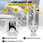 Pramoninė Dviguba Diafragminė Pompa, Oru Valdoma, 1/2 Colio (12,7 mm) Jungtys, PTFE / Polipropilenas, 80 PSI Slėgis - Image 3