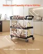 Pramoninis 3 Lygių Serviso Vežimėlis Su Ratukais, Juodas Plastikas / Aliuminis, 106x49x98 cm, 226 kg Keliamoji Galia - Image 2