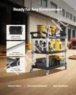 Pramoninis 3 Lygių Serviso Vežimėlis Su Ratukais, Juodas Plastikas / Aliuminis, 106x49x98 cm, 226 kg Keliamoji Galia - Image 4