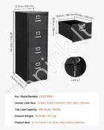 Rakinama Vertikali Metalinė Kartotekų Spinta su 4 Stalčiais, Juoda, Plieninis Korpusas, A4/Letter Formato, 45 x 62 x 134 cm - Image 6