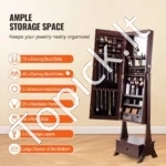 Ruda, Klasikinė, Laisvai Pastatoma Papuošalų Spintelė su Pilno Dydžio Veidrodžiu ir Stalčiais - Image 4