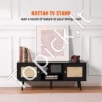 Stilinga Juoda Bopho stiliaus TV Spintelė (120x40x49 cm), su Rotango Durelėmis - Image 2