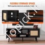 Stilinga Juoda Bopho stiliaus TV Spintelė (120x40x49 cm), su Rotango Durelėmis - Image 4