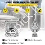 Tvirta Pneumatinė Diafragminė Pompa, 1/2 Colio (12,7 mm) Jungtys, Nerūdijantis Plienas / PTFE, Maks. 115 PSI Slėgis - Image 3