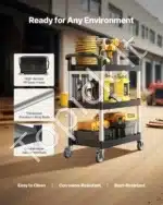 Universalus Triaukštis Serviso Vežimėlis Su Ratukais, Juodas Plastikas / Aliuminis, 88x41x99 cm, 136 kg Keliamoji Galia - Image 4