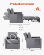 Viengulė Sofa Lova Transformeris 3-in-1, Pilkas Linas, 87x81x81 cm (Fotelis) / Iki 232 cm (Lova), 5 Padėčių Reguliavimas - Image 2