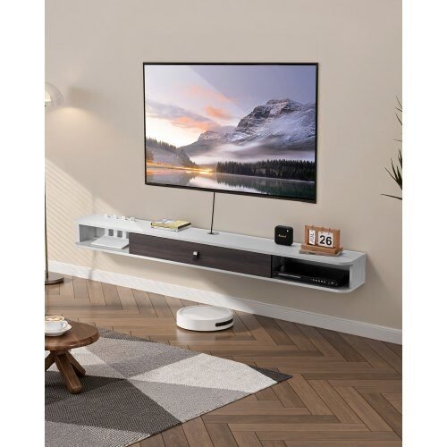us2FBSDSJ70INCHBO0Q9TV02Fgoods_img-v12Ffloating-tv-stand-m100-1.2.jpg Pakabinama TV Spintelė (180 cm), Balta su Rotango Durelėmis - Image 1