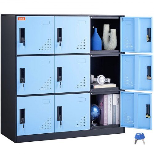 us2FJCJHSLMY331807L53V02Fgoods_img-v12Fmetal-storage-cabinet-m100-1.2.jpg Metalinė Spintelė Su 9 Skyriais, 90x45x94 cm, Juodas Korpusas / Mėlynos Durys, 30 kg / Skyrius - Image 1
